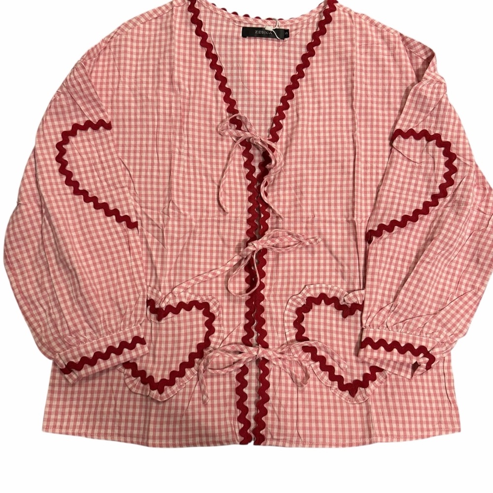 Zesica/Y2K/Pink Gingham with Red Hearts/Tie Front Top/Size: Small